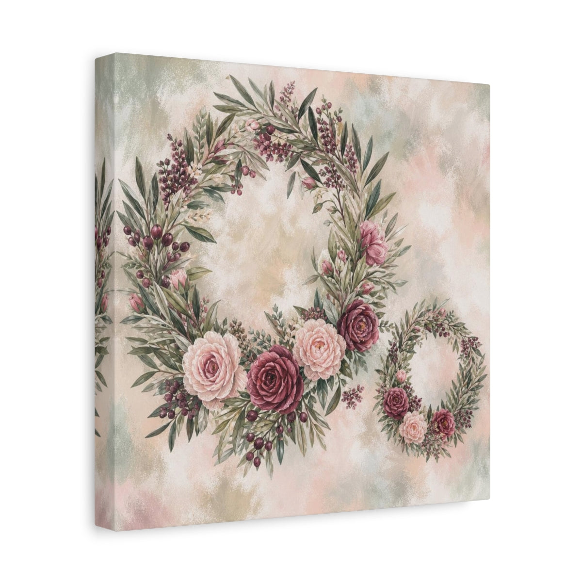 Side Mockup 8. Sage Blush Rose Wreaths shown as canvas print