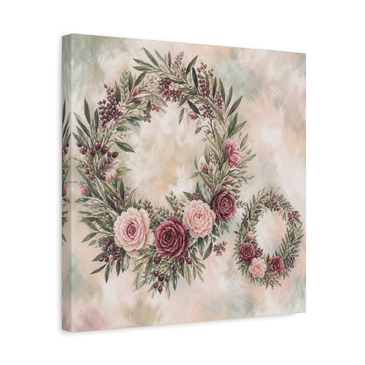 Side Mockup 6. Sage Blush Rose Wreaths shown as canvas print