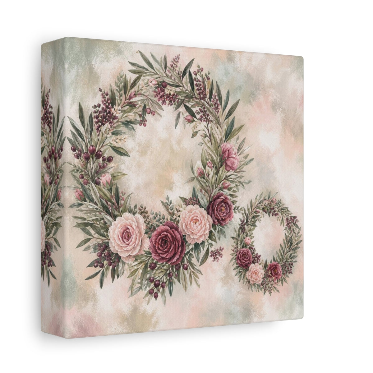 Side Mockup 2. Sage Blush Rose Wreaths shown as canvas print