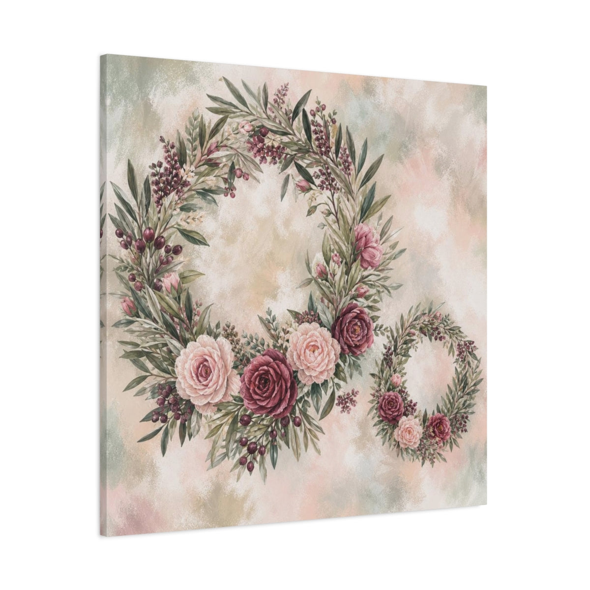 Side Mockup 1. Sage Blush Rose Wreaths shown as canvas print