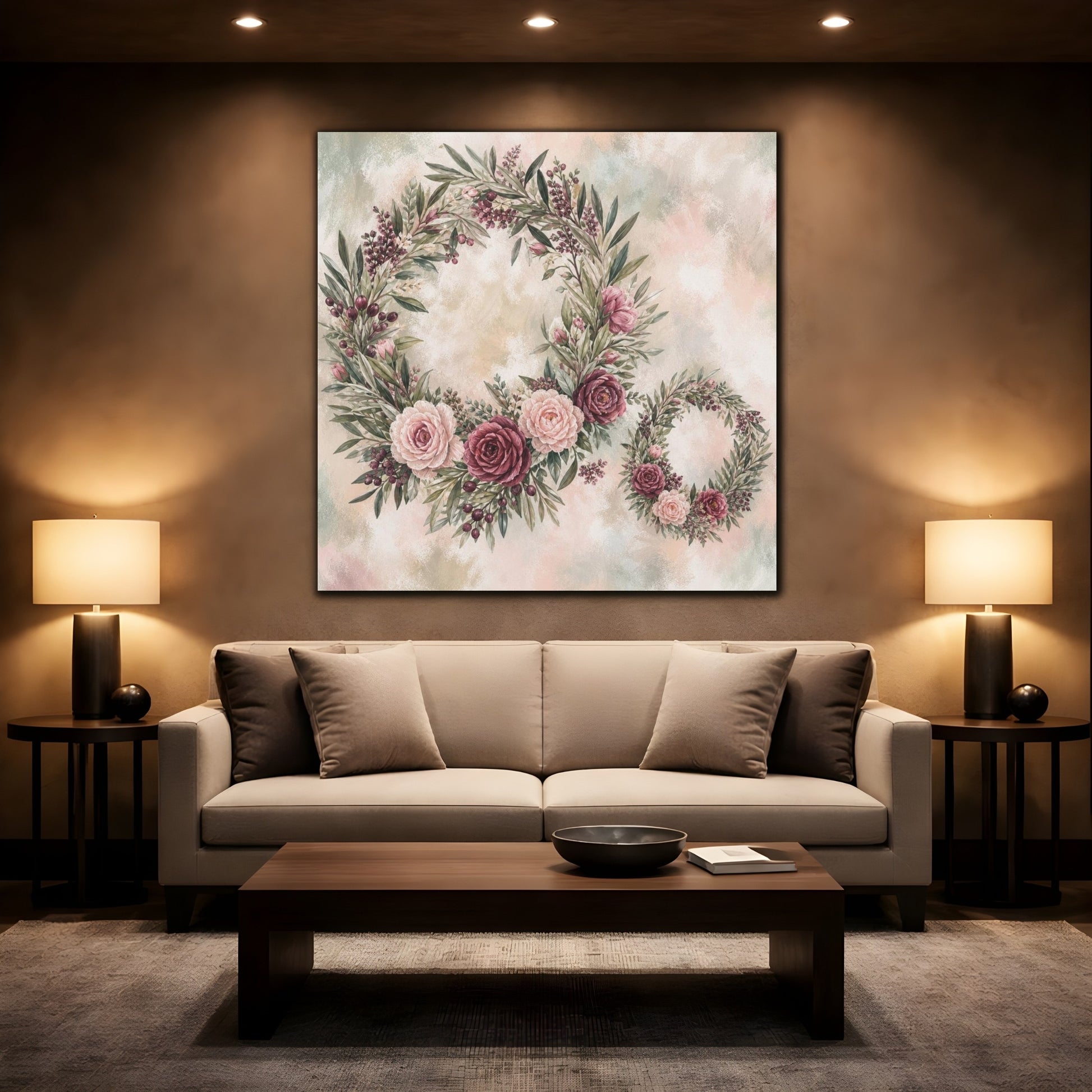 Mockup 2. Sage Blush Rose Wreaths shown as canvas print