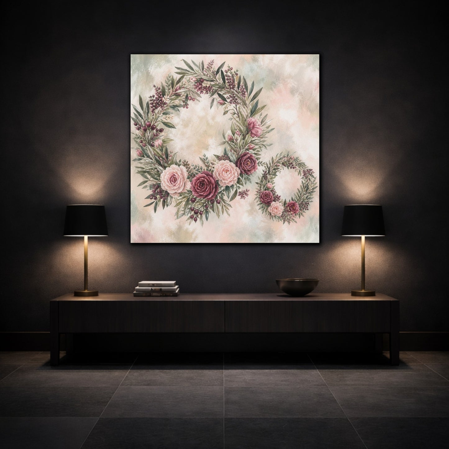 Mockup 3. Sage Blush Rose Wreaths shown as canvas print