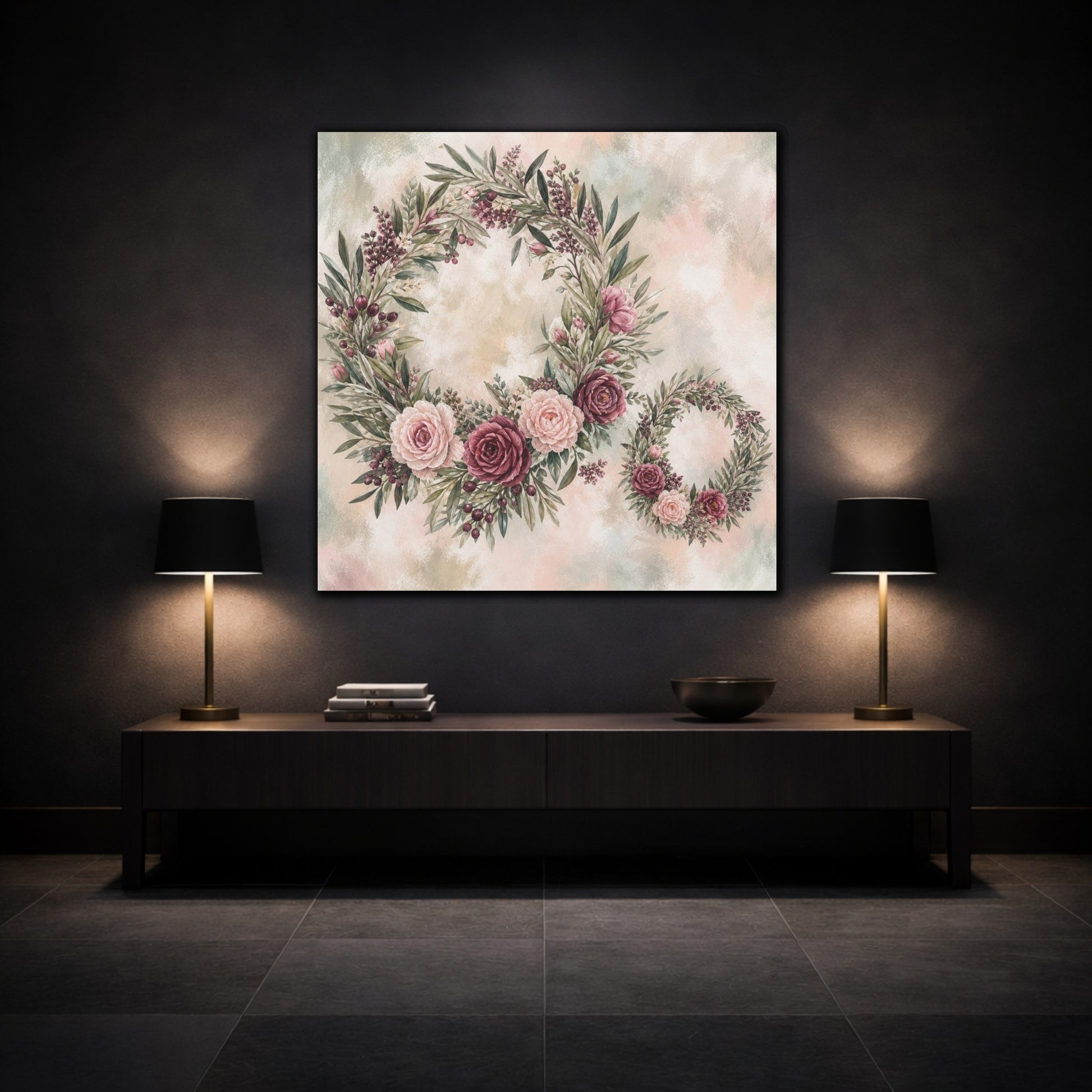 Mockup 3. Sage Blush Rose Wreaths shown as canvas print