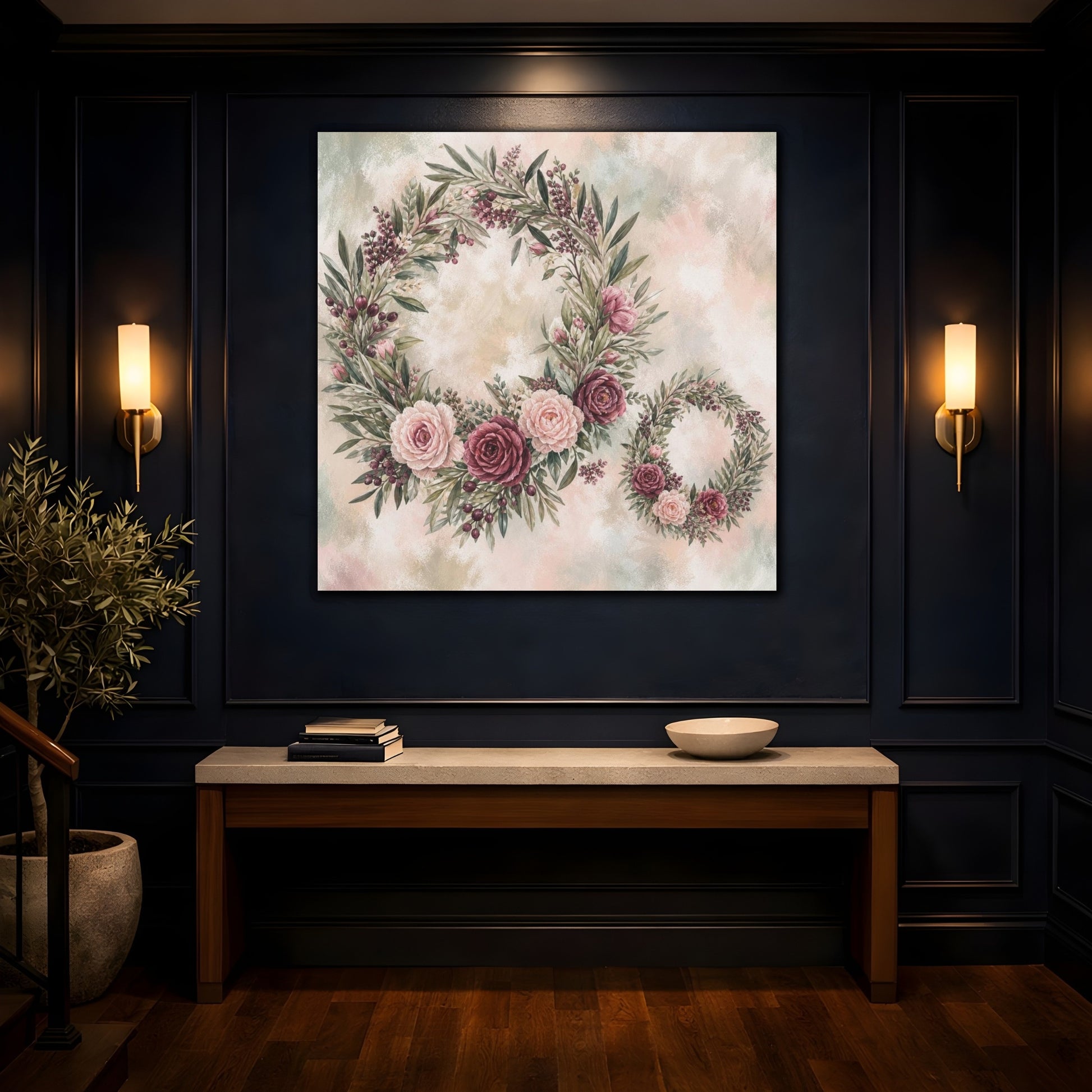 Mockup 4. Sage Blush Rose Wreaths shown as canvas print