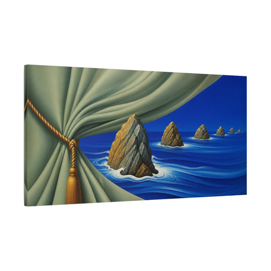 Main Mockup. Sage Curtain Over Cobalt Sea shown as canvas print