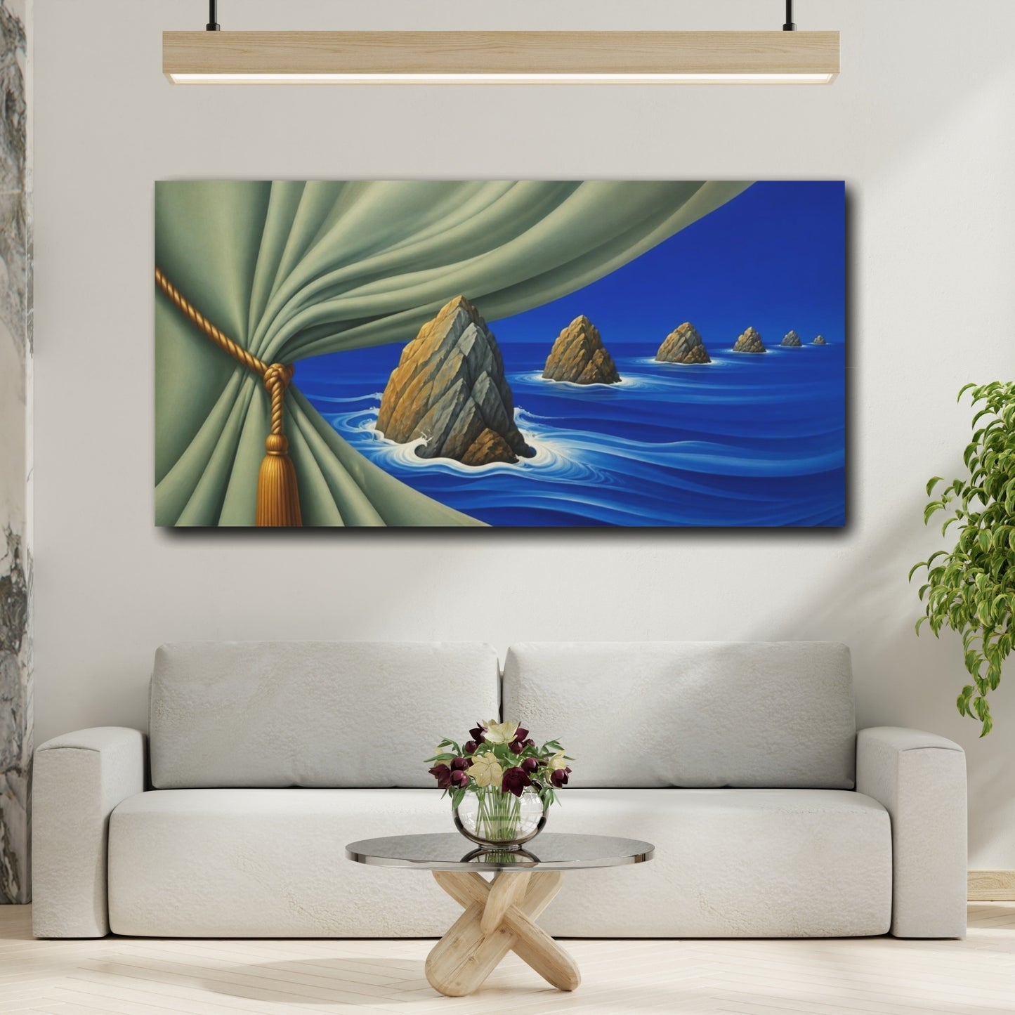 Mockup 2. Sage Curtain Over Cobalt Sea shown as canvas print