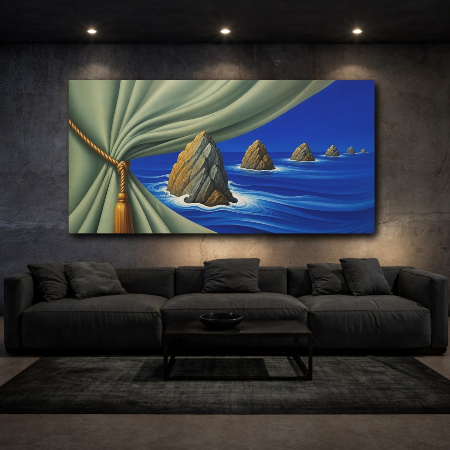 Mockup 3. Sage Curtain Over Cobalt Sea shown as canvas print