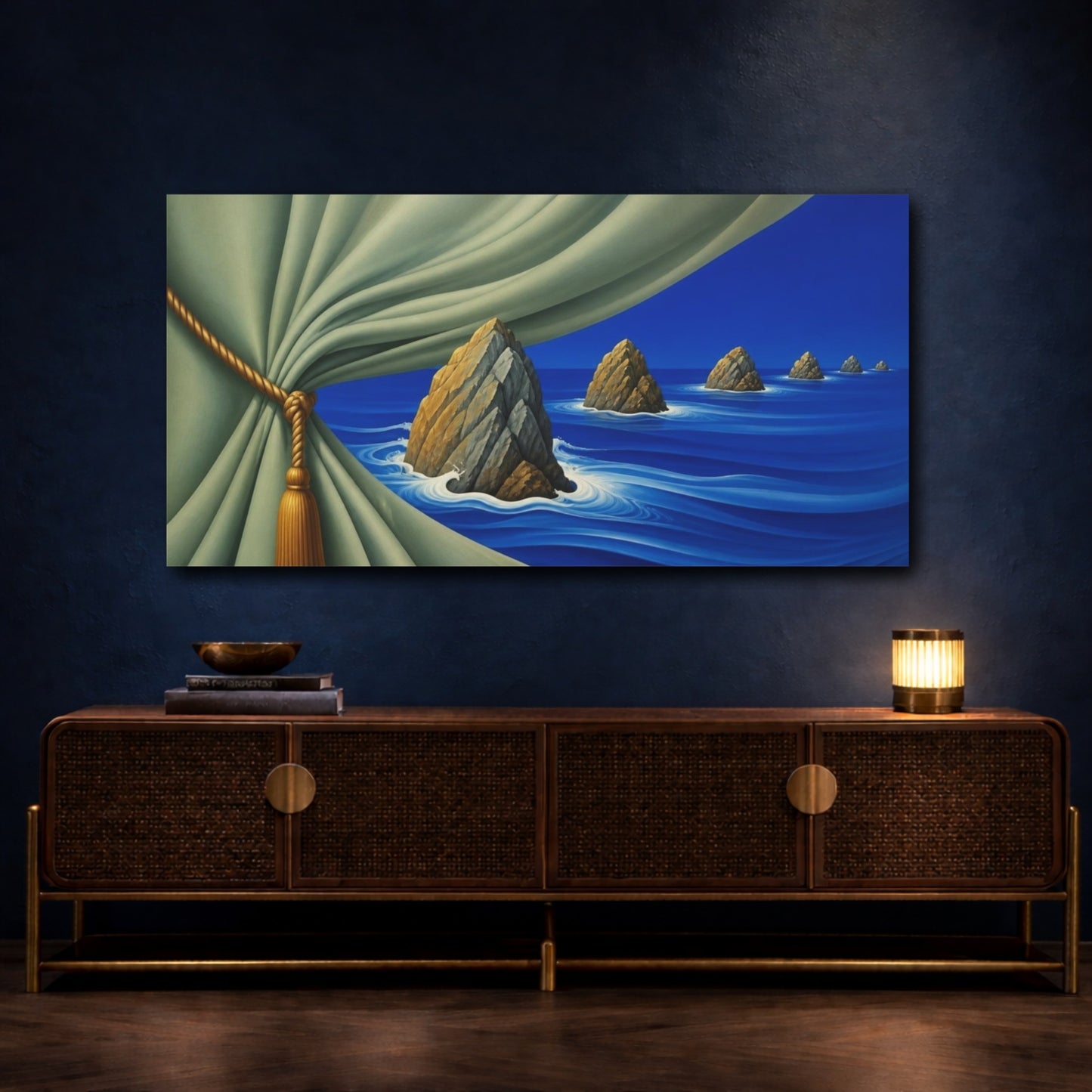 Mockup 4. Sage Curtain Over Cobalt Sea shown as canvas print