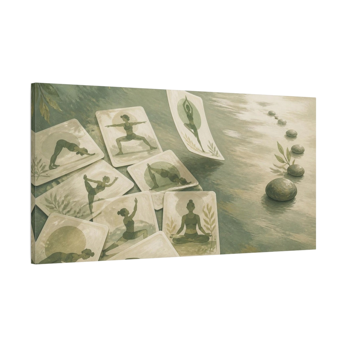 Main Mockup. Sage Yoga Cards shown as canvas print