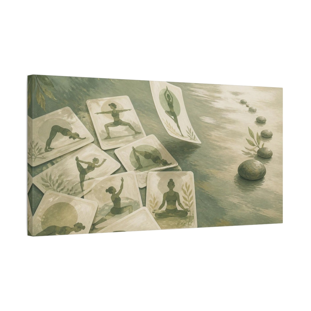 Side Mockup 1. Sage Yoga Cards shown as canvas print