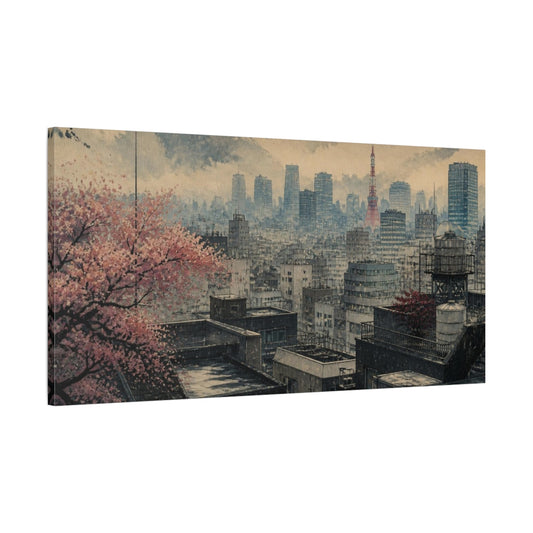 Main Mockup. Sakura Over Tokyo Rooftops shown as canvas print