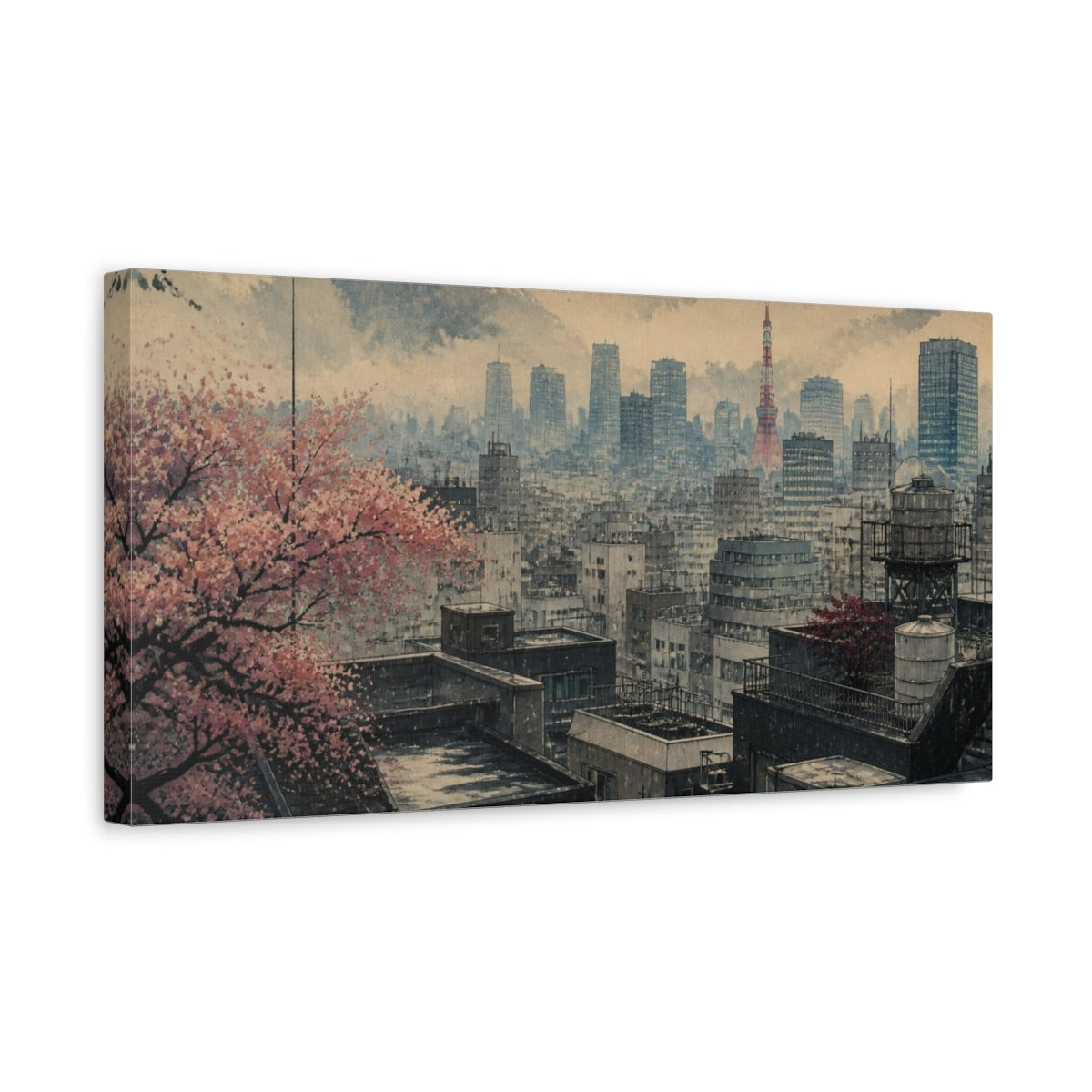 Side Mockup 3. Sakura Over Tokyo Rooftops shown as canvas print