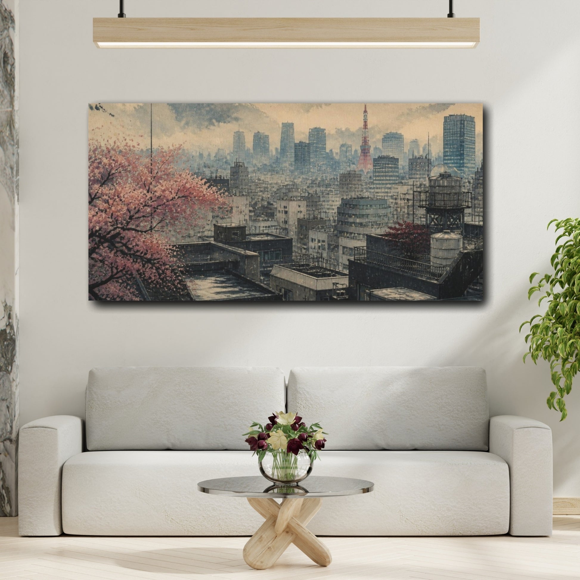 Mockup 2. Sakura Over Tokyo Rooftops shown as canvas print