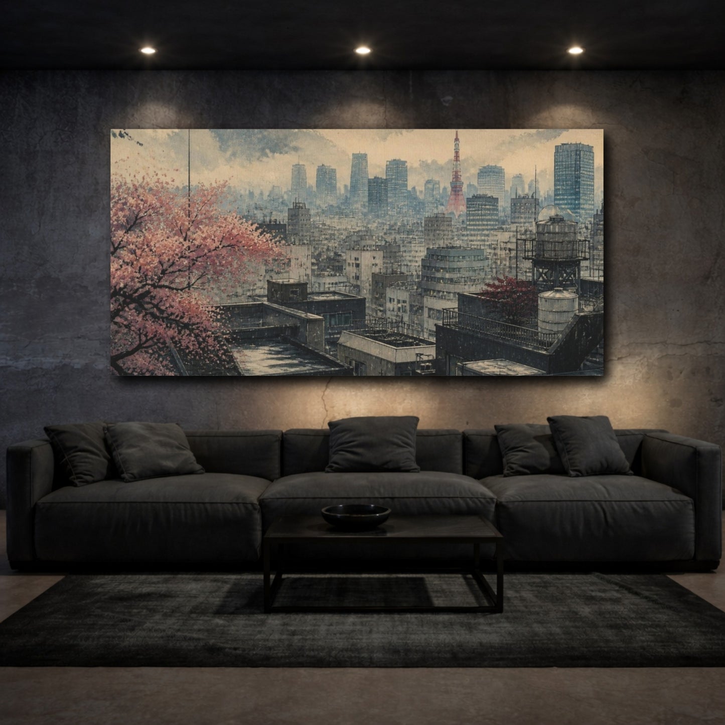 Mockup 3. Sakura Over Tokyo Rooftops shown as canvas print