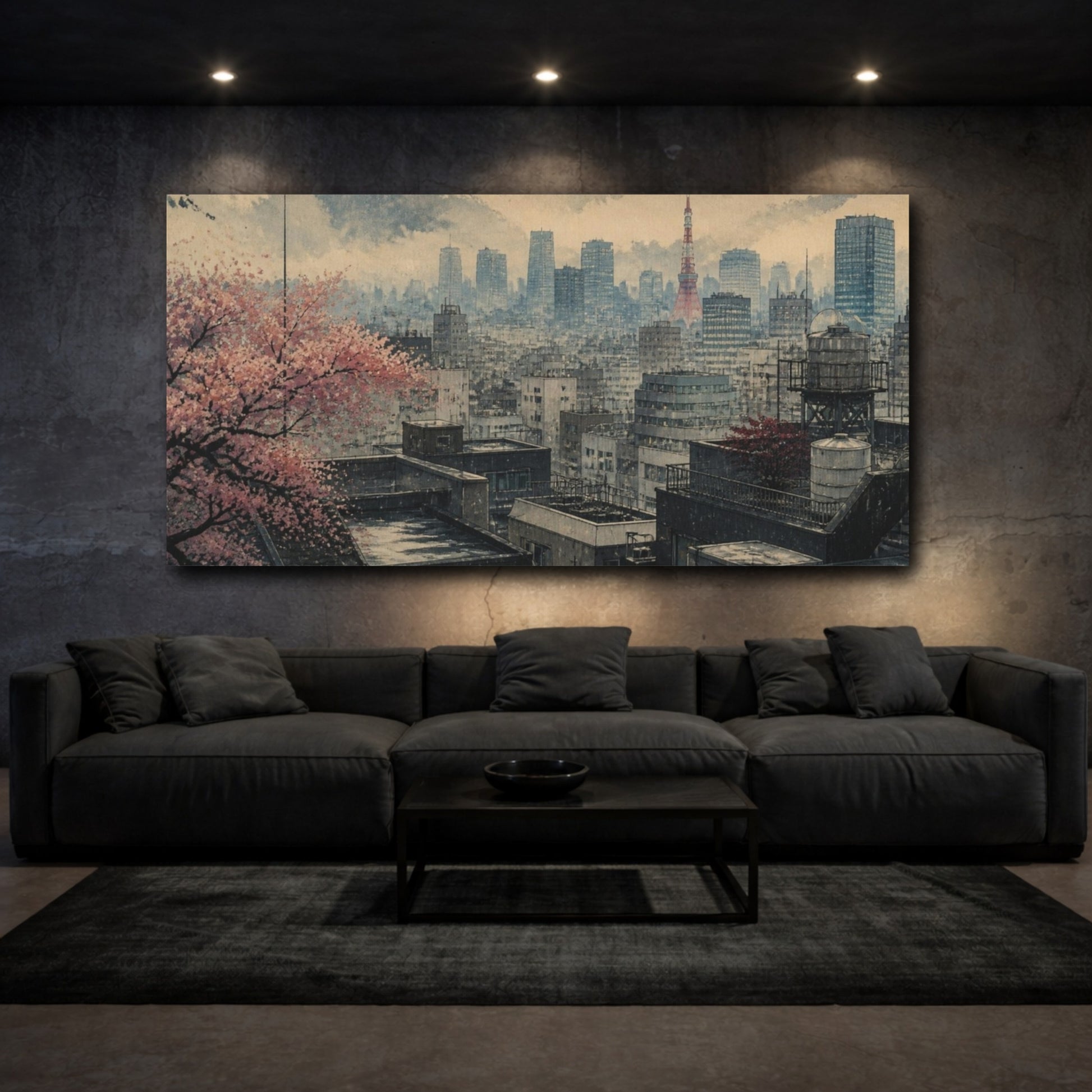 Mockup 3. Sakura Over Tokyo Rooftops shown as canvas print