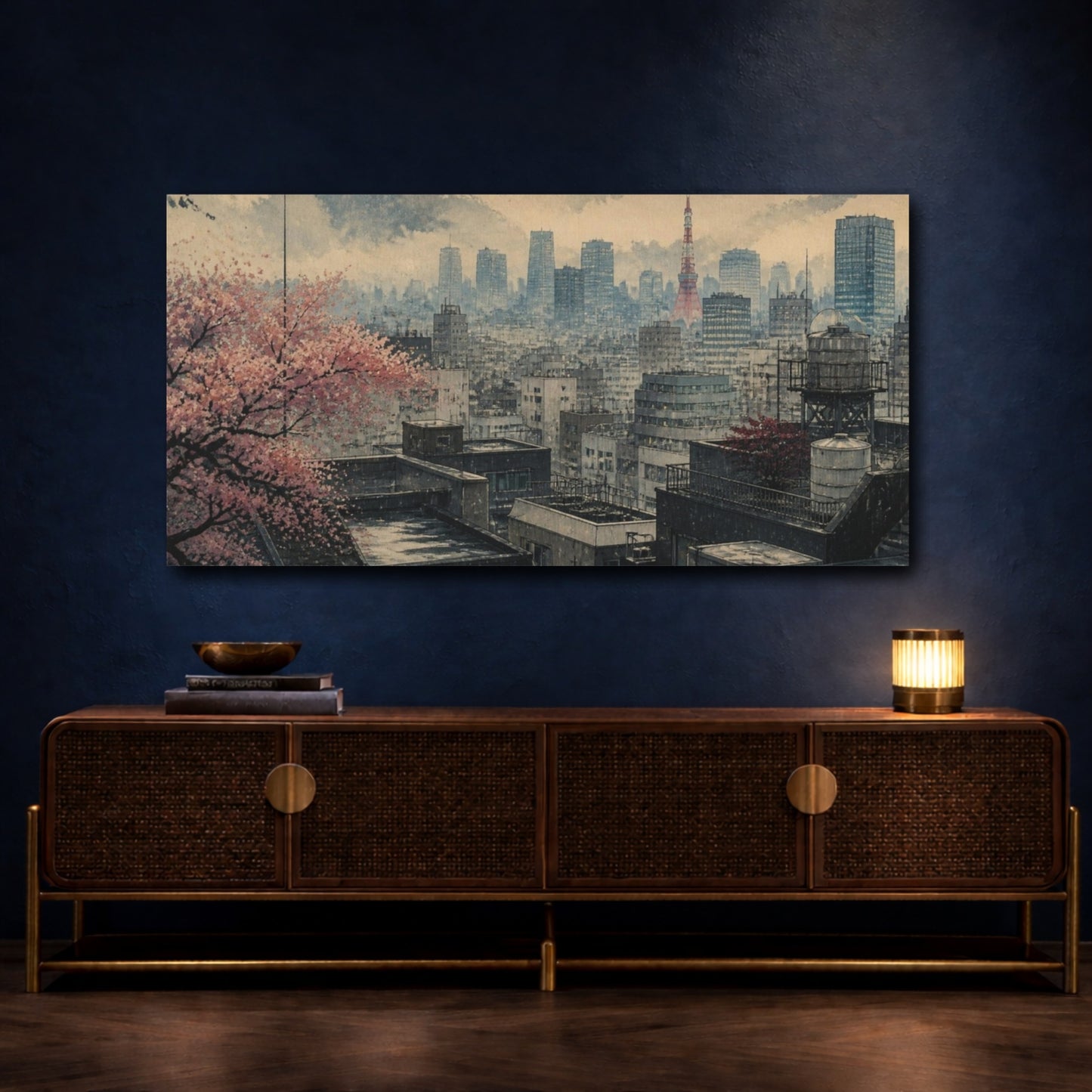 Mockup 4. Sakura Over Tokyo Rooftops shown as canvas print