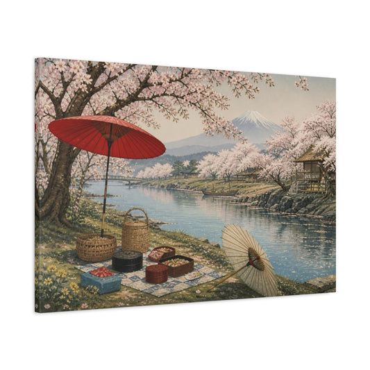 Main Mockup. Sakura Riverbank Picnic shown as canvas print