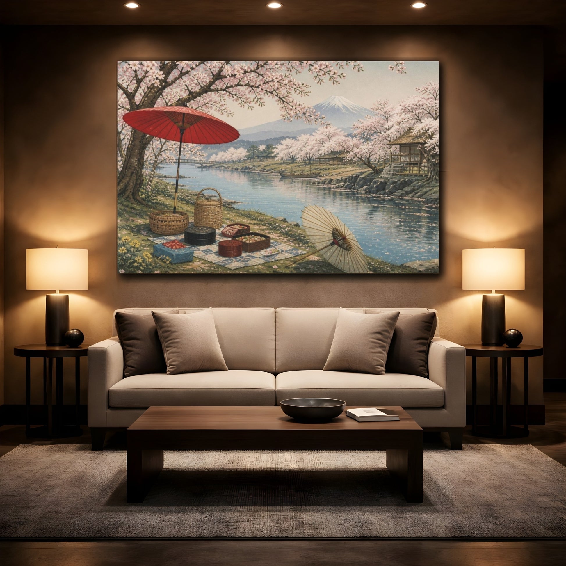 Mockup 2. Sakura Riverbank Picnic shown as canvas print