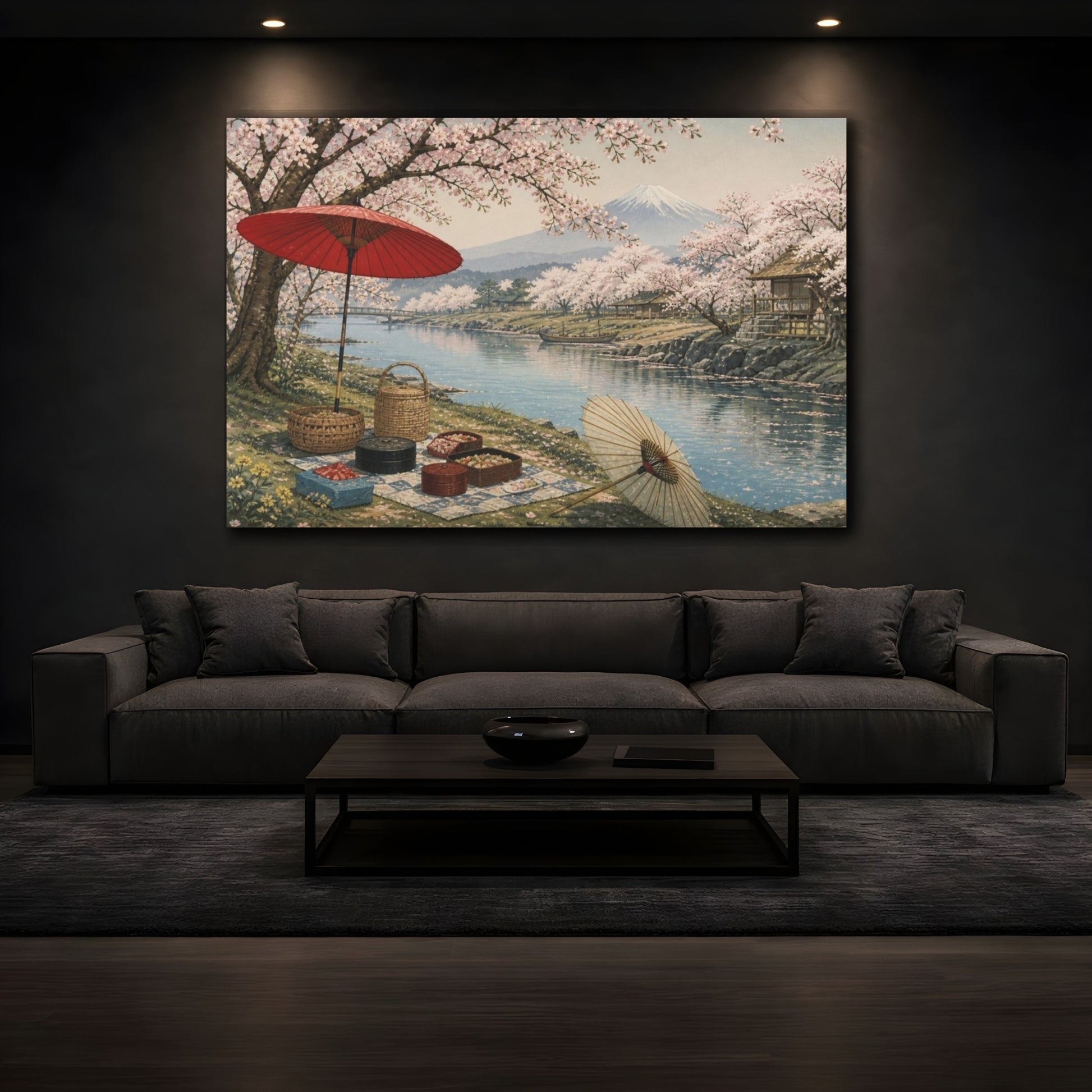 Mockup 3. Sakura Riverbank Picnic shown as canvas print