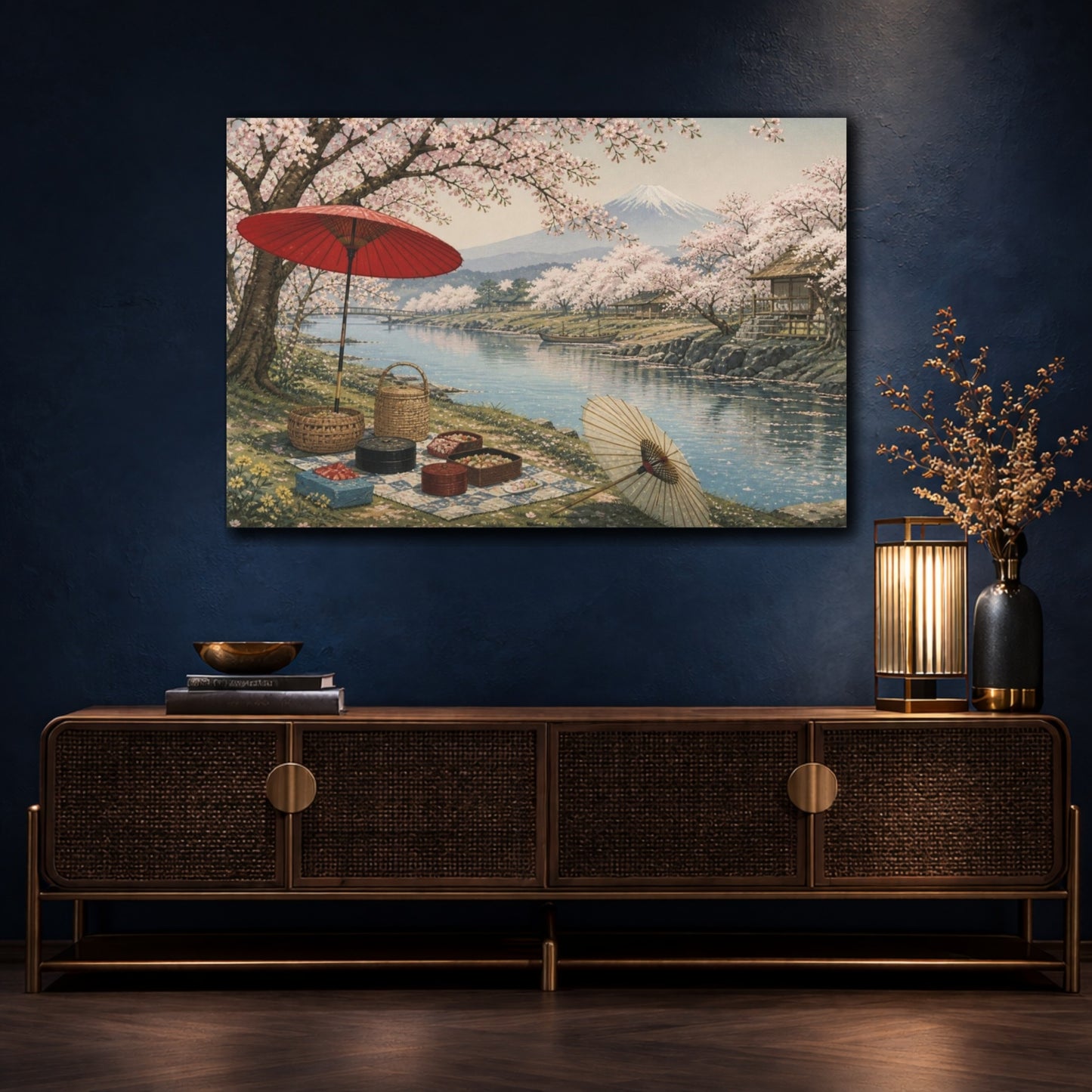 Mockup 4. Sakura Riverbank Picnic shown as canvas print