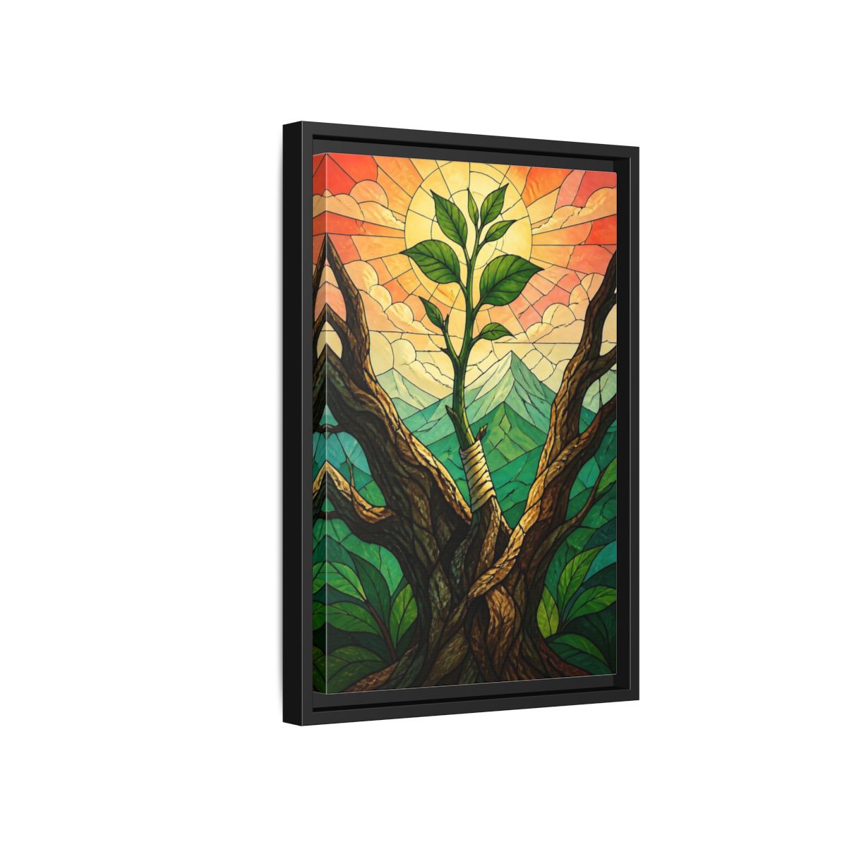 Side Mockup 6. Sapling At Sunrise shown as framed canvas print