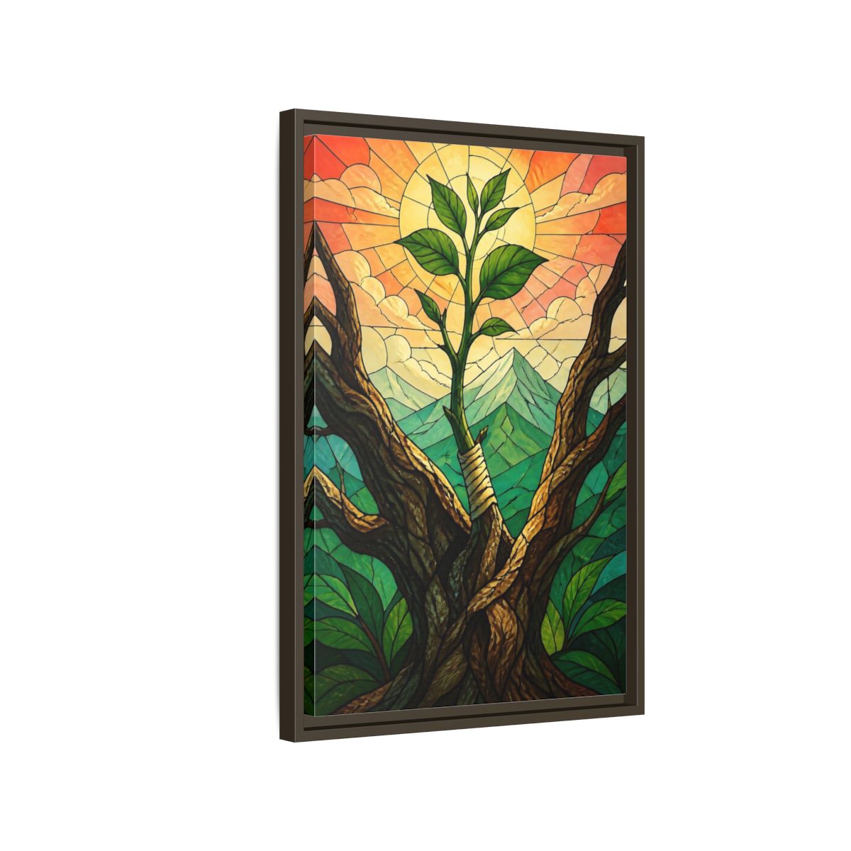 Side Mockup 2. Sapling At Sunrise shown as framed canvas print