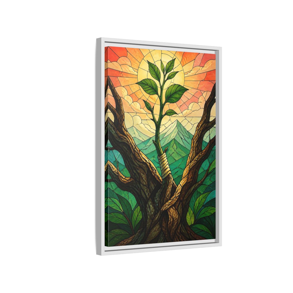 Side Mockup 1. Sapling At Sunrise shown as framed canvas print