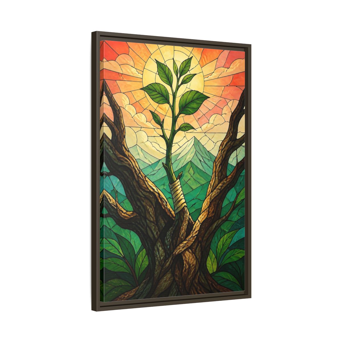 Side Mockup 11. Sapling At Sunrise shown as framed canvas print