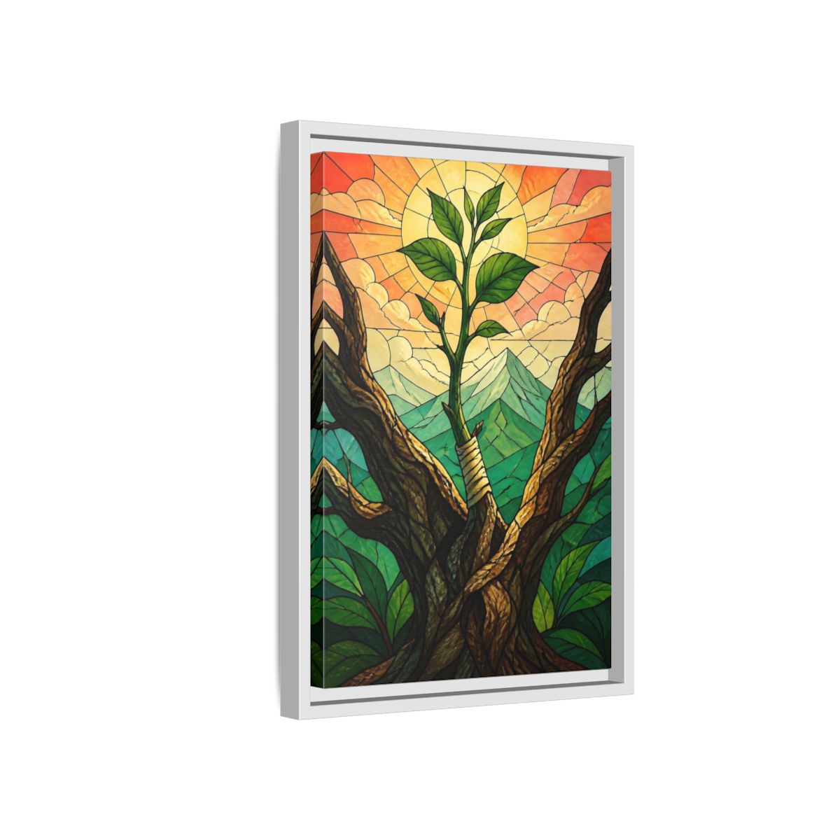 Side Mockup 4. Sapling At Sunrise shown as framed canvas print