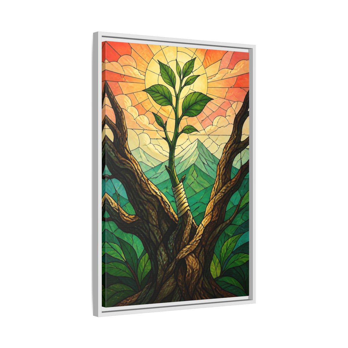 Side Mockup 10. Sapling At Sunrise shown as framed canvas print