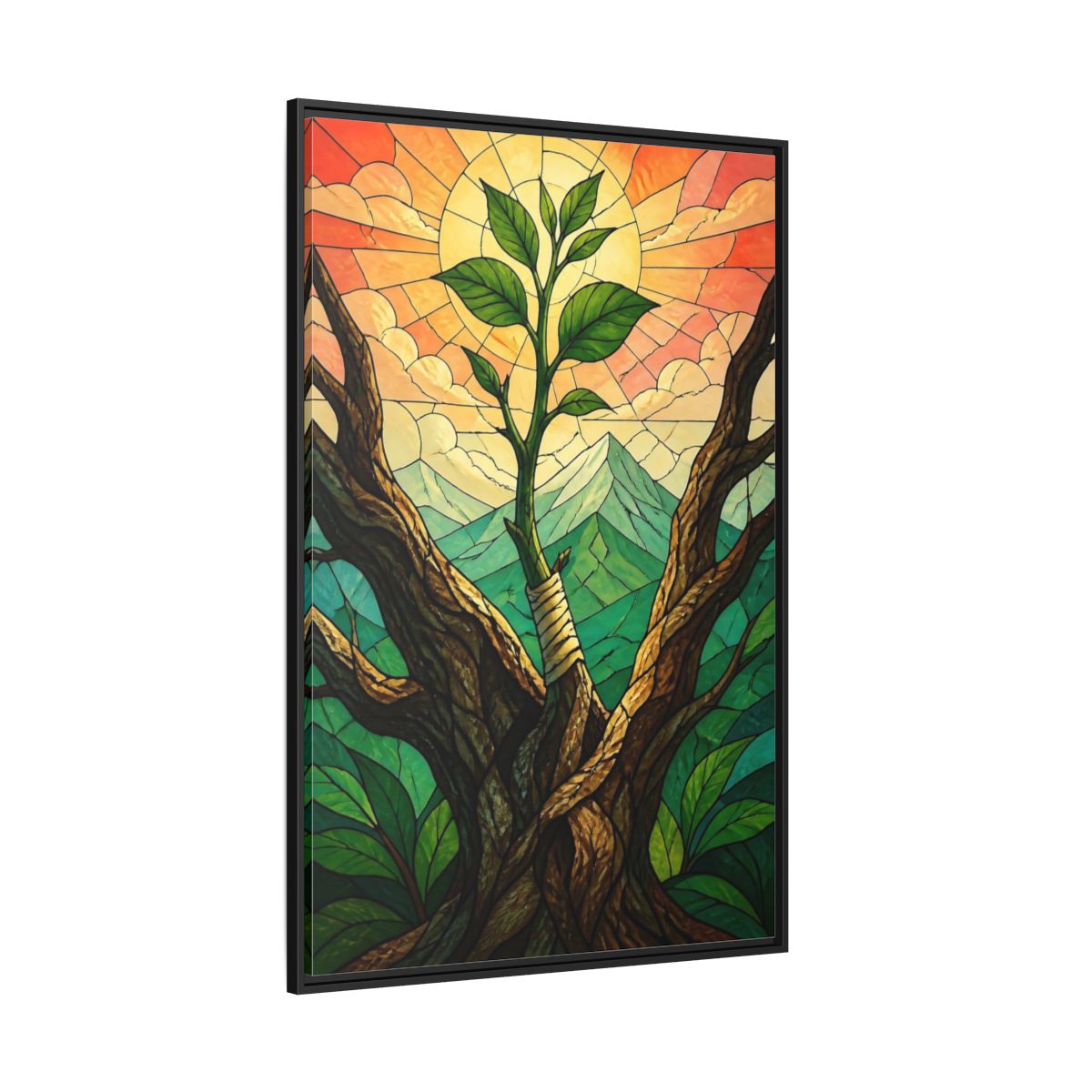 Side Mockup 12. Sapling At Sunrise shown as framed canvas print