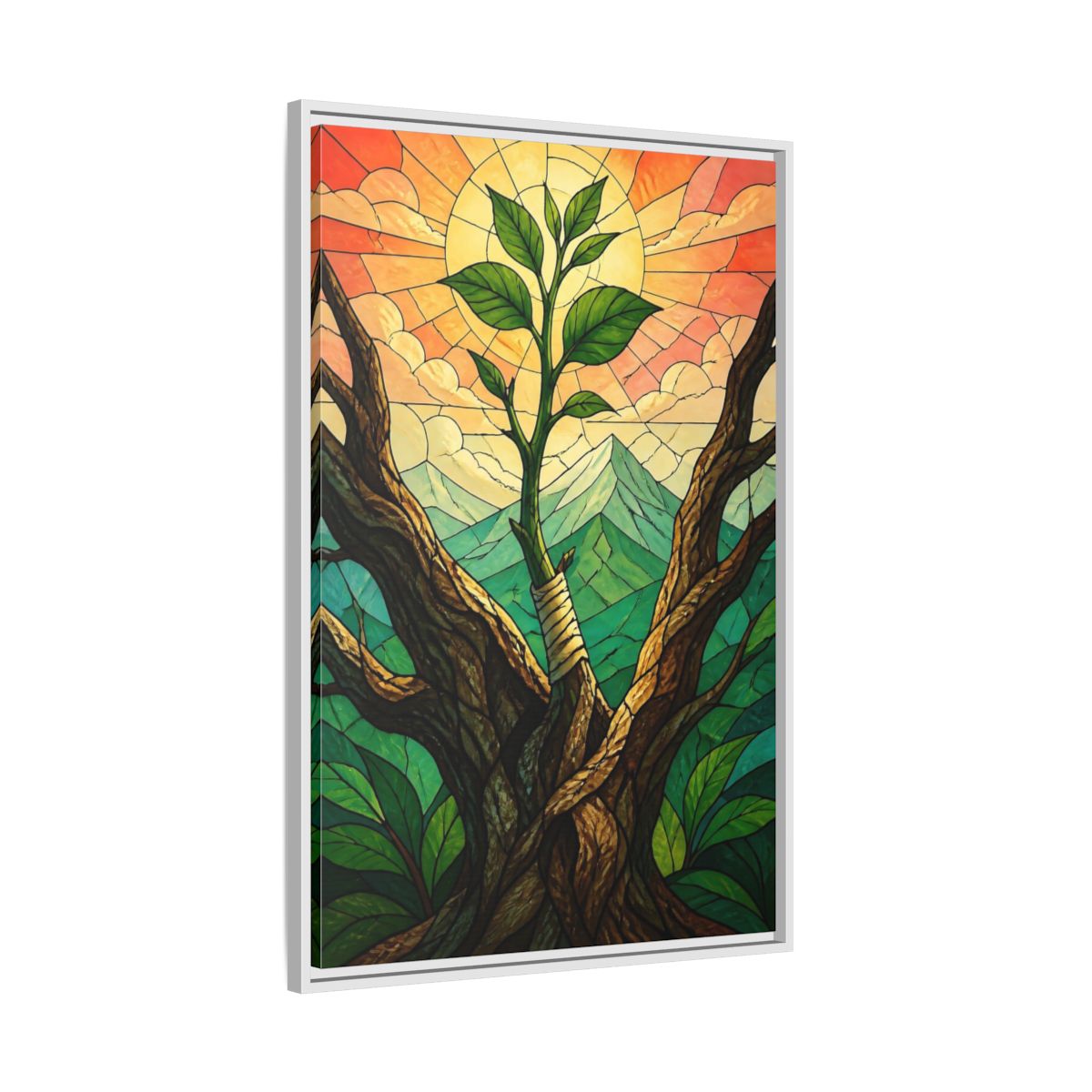 Side Mockup 9. Sapling At Sunrise shown as framed canvas print