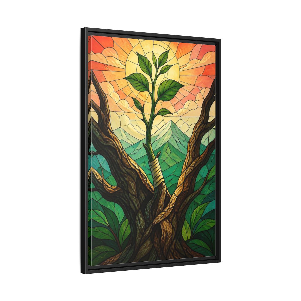 Side Mockup 14. Sapling At Sunrise shown as framed canvas print