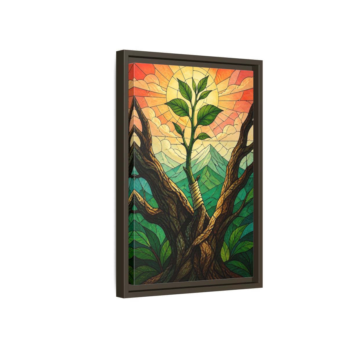 Side Mockup 5. Sapling At Sunrise shown as framed canvas print