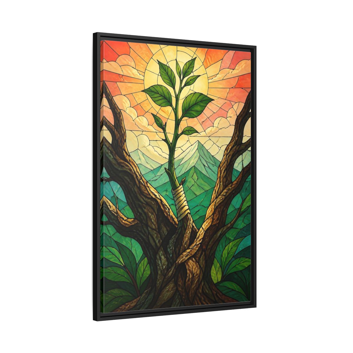 Side Mockup 13. Sapling At Sunrise shown as framed canvas print