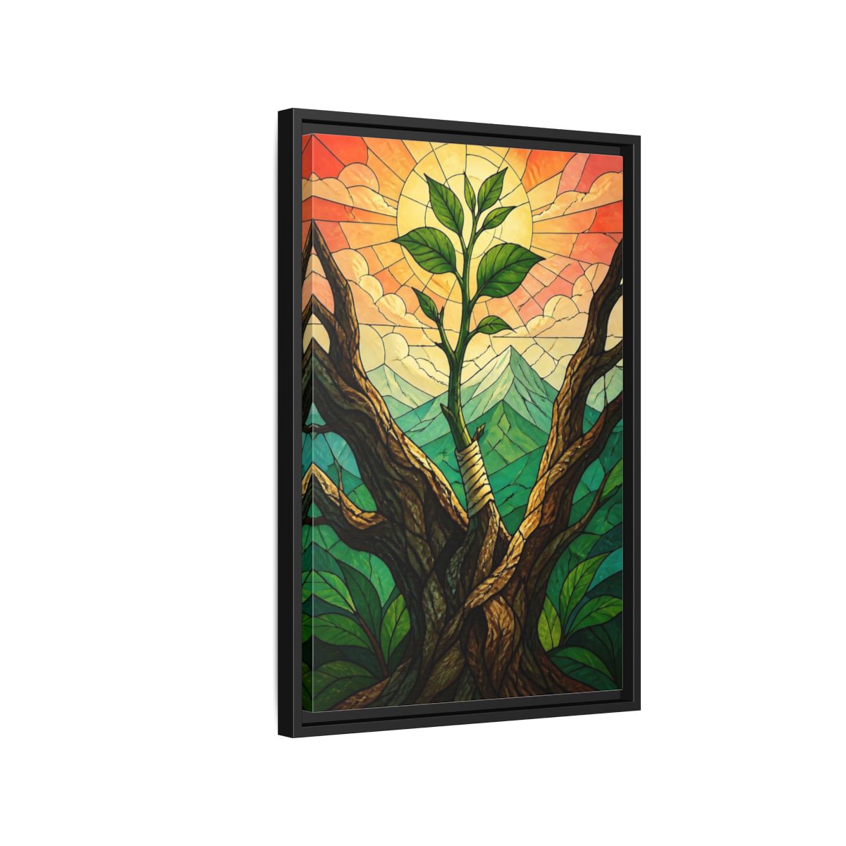 Side Mockup 3. Sapling At Sunrise shown as framed canvas print