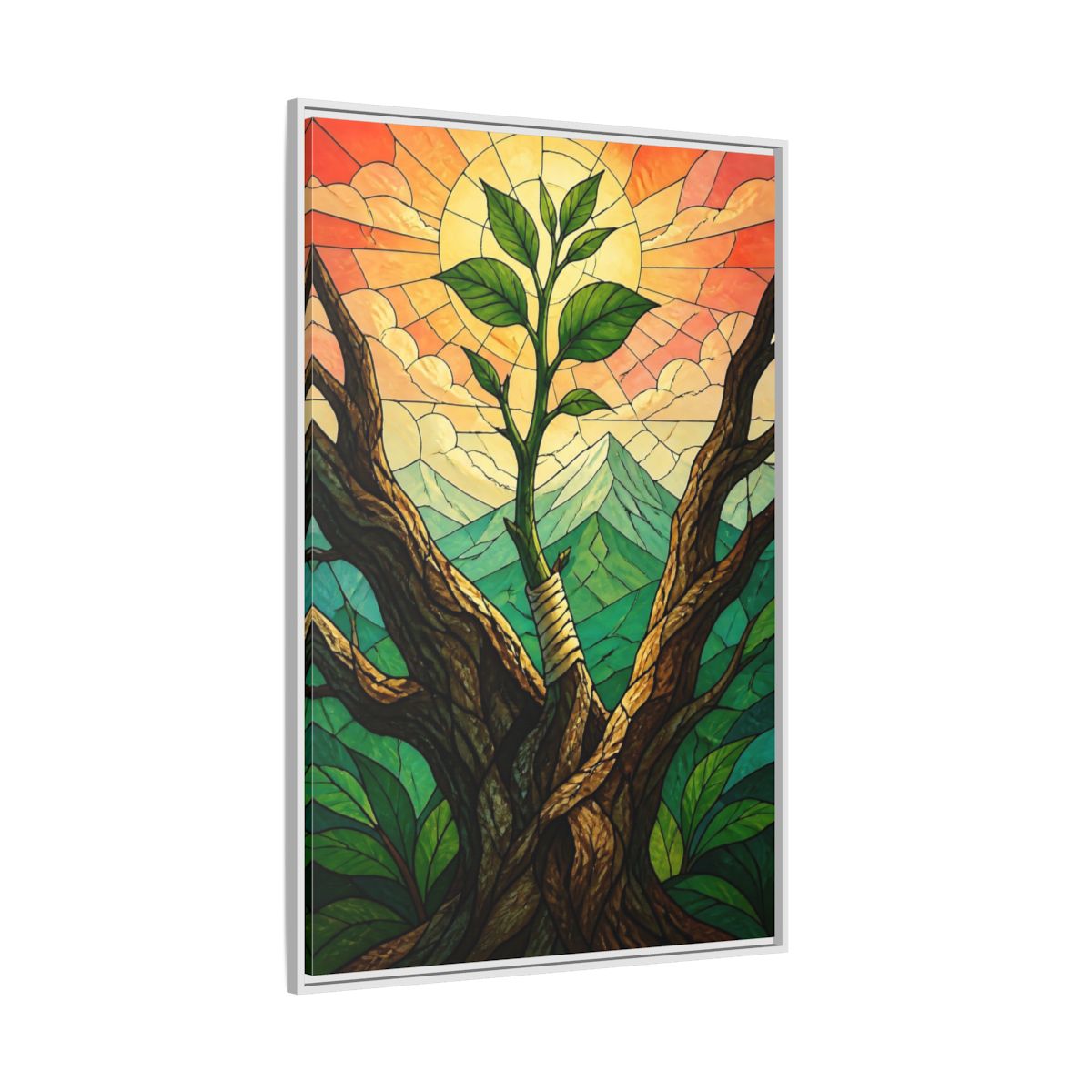 Side Mockup 7. Sapling At Sunrise shown as framed canvas print