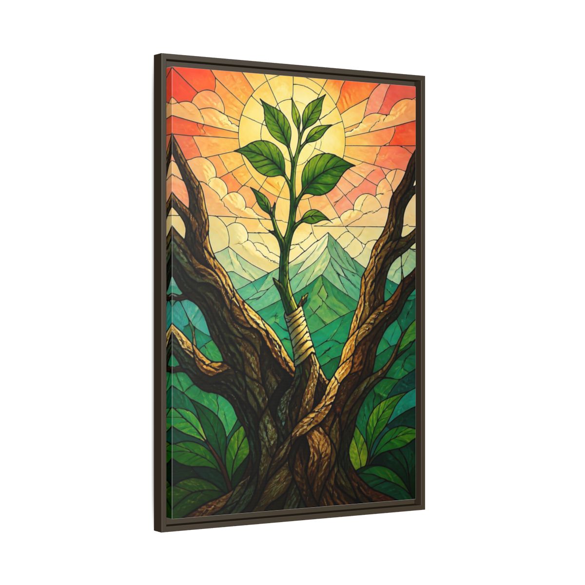 Main Mockup. Sapling At Sunrise shown as framed canvas print