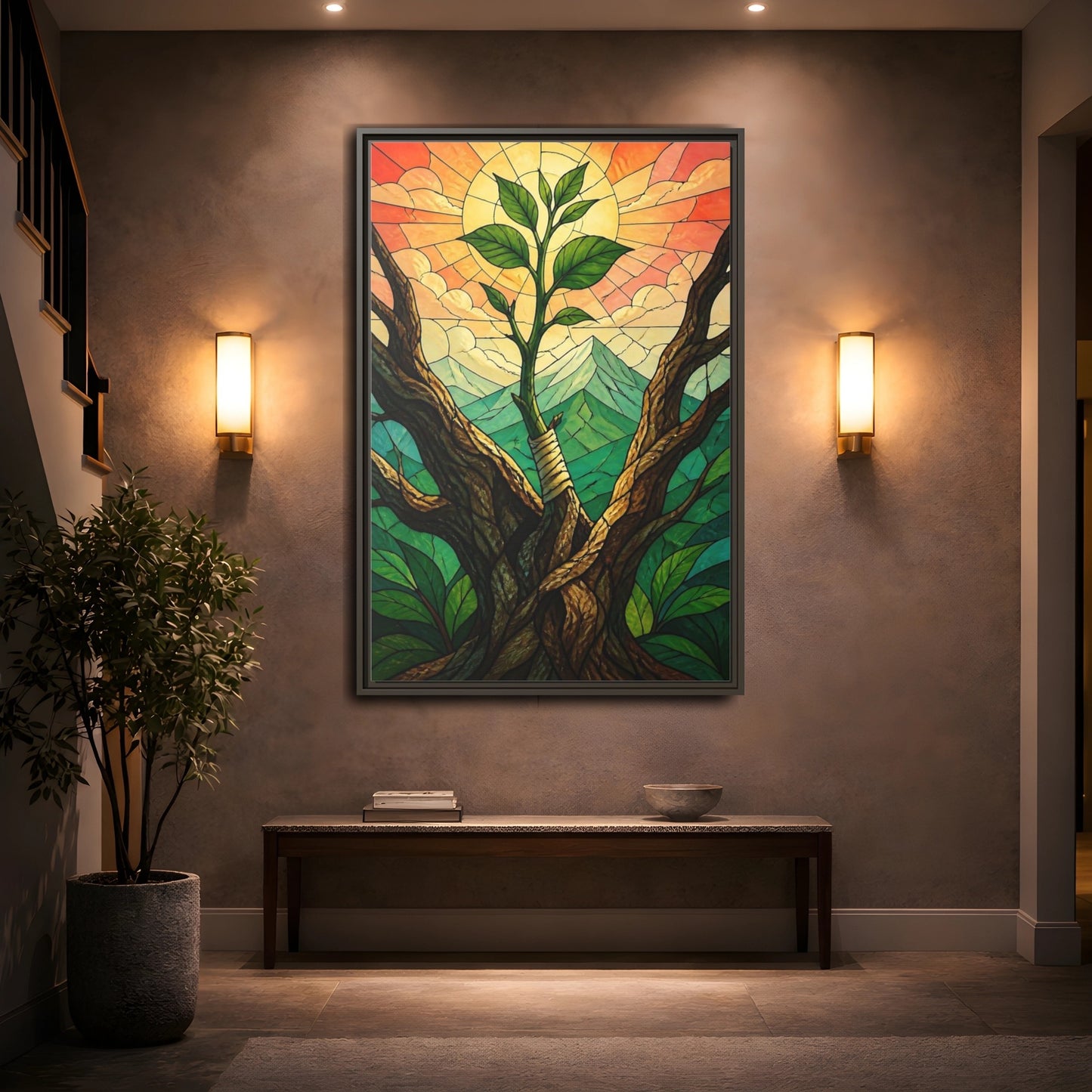 Mockup 2. Sapling At Sunrise shown as framed canvas print