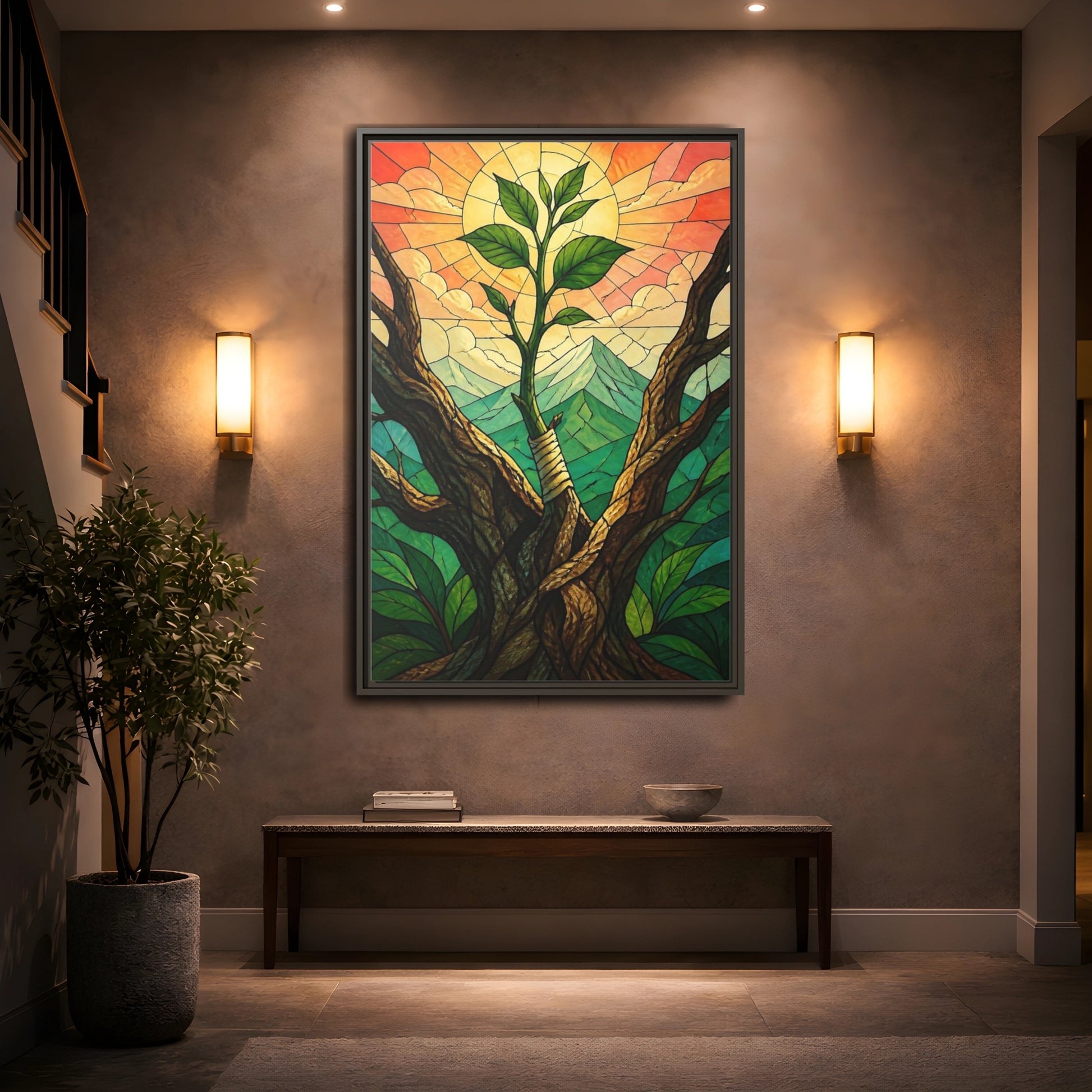 Mockup 2. Sapling At Sunrise shown as framed canvas print