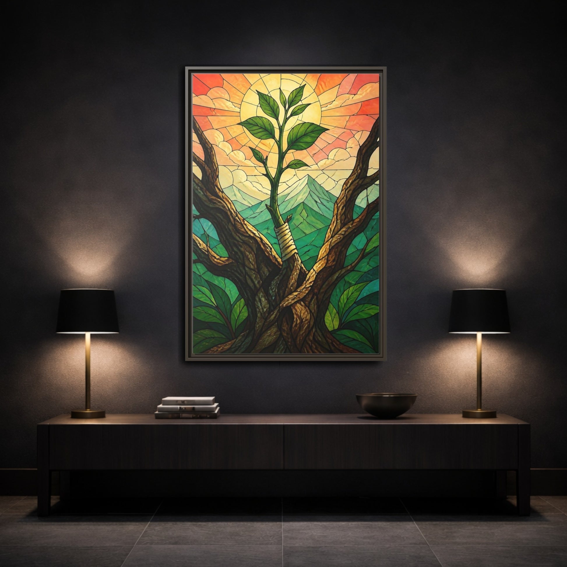 Mockup 3. Sapling At Sunrise shown as framed canvas print