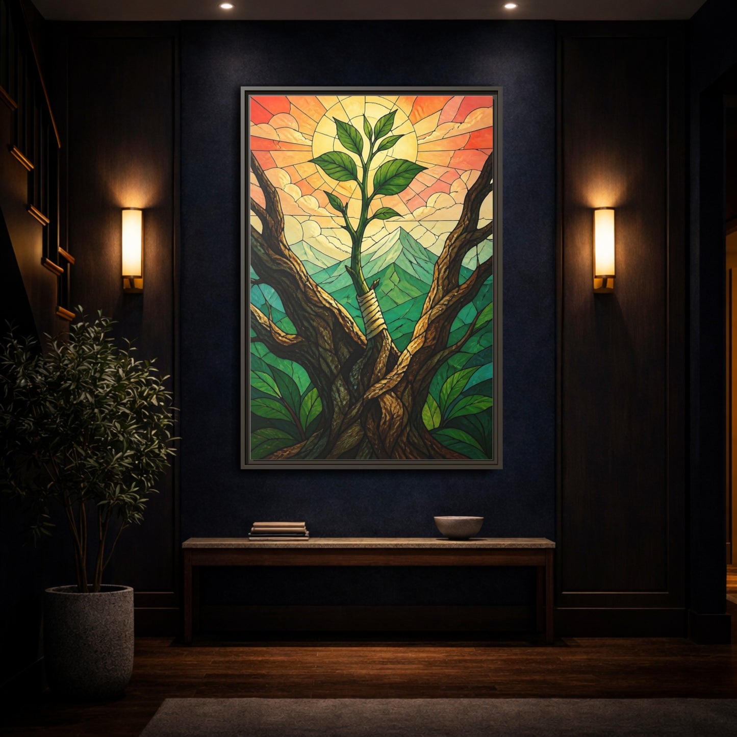 Mockup 4. Sapling At Sunrise shown as framed canvas print