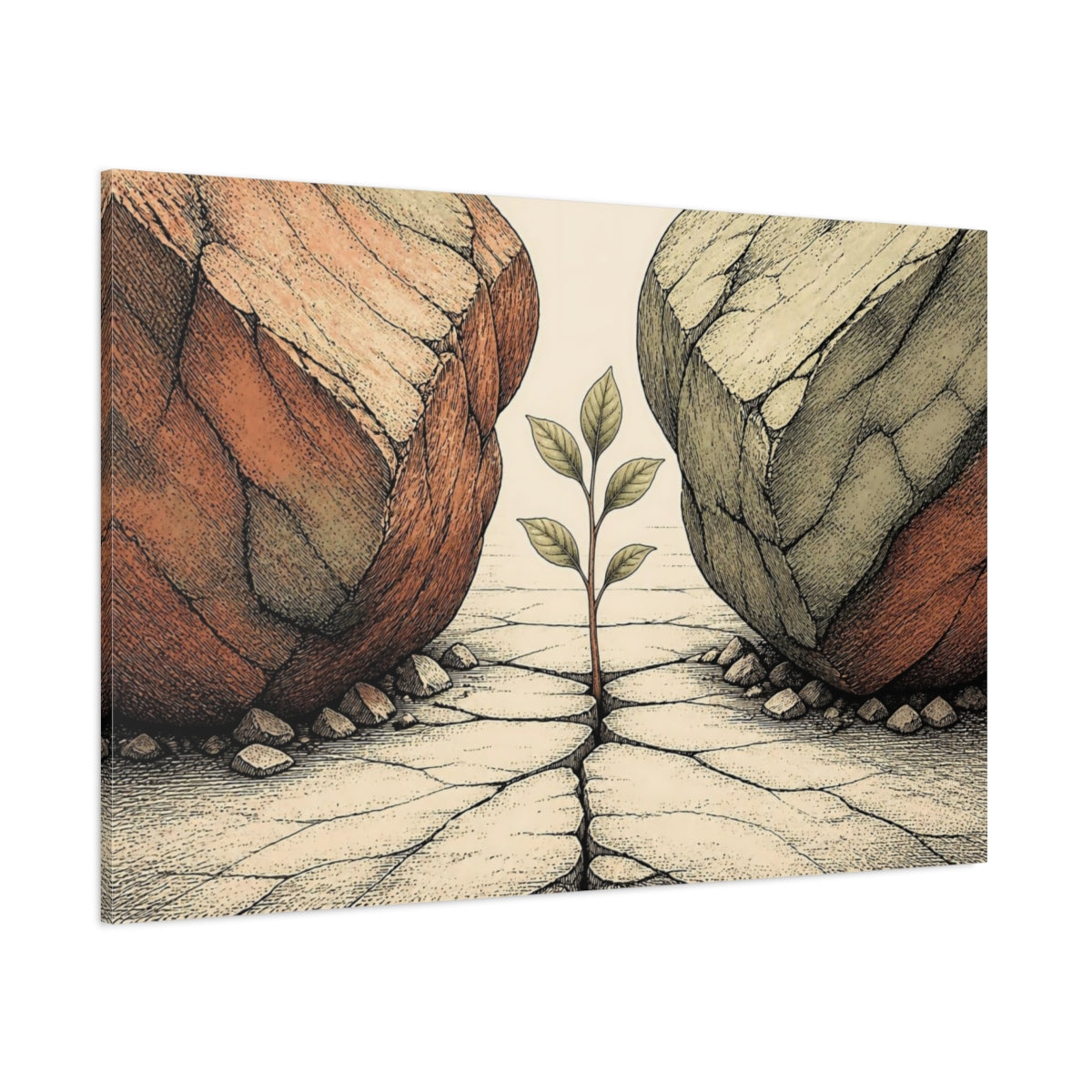 Side Mockup 1. Sapling Between Boulders shown as canvas print