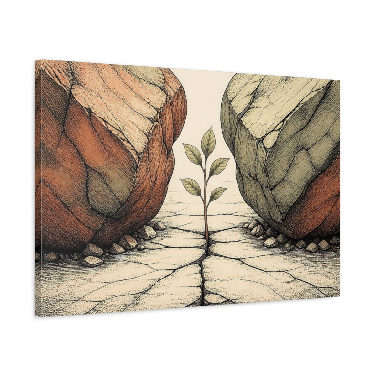 Side Mockup 2. Sapling Between Boulders shown as canvas print