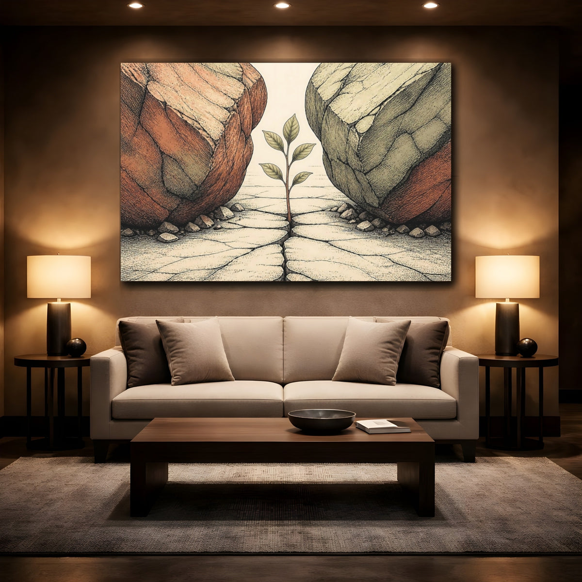 Mockup 2. Sapling Between Boulders shown as canvas print