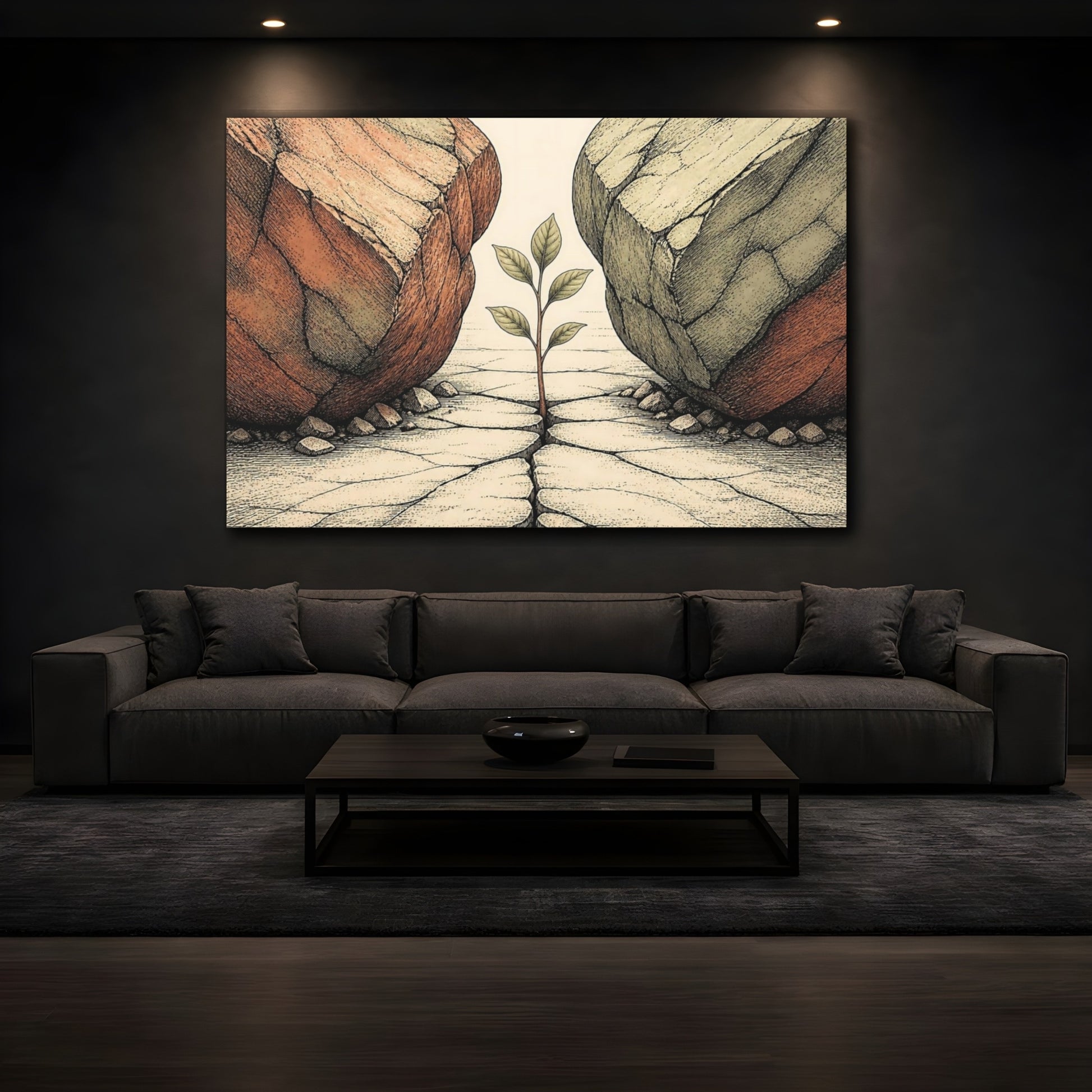 Mockup 3. Sapling Between Boulders shown as canvas print