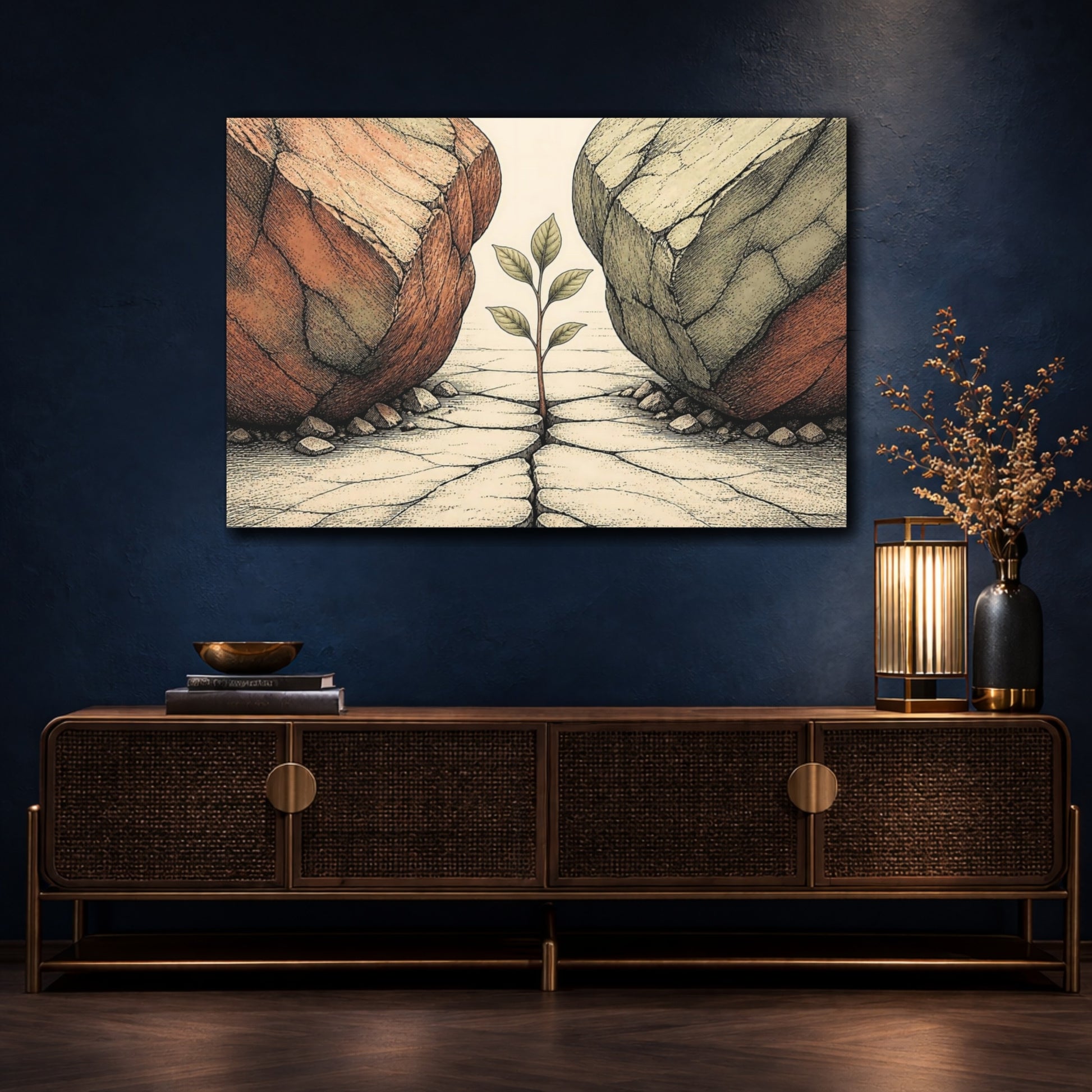 Mockup 4. Sapling Between Boulders shown as canvas print