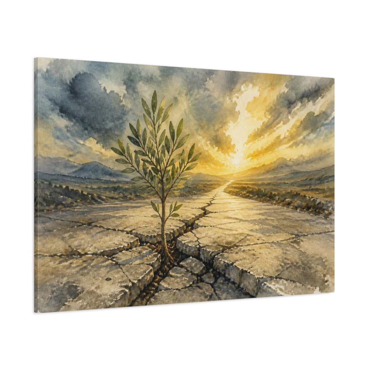 Side Mockup 1. Sapling Motivation Sunrise shown as canvas print