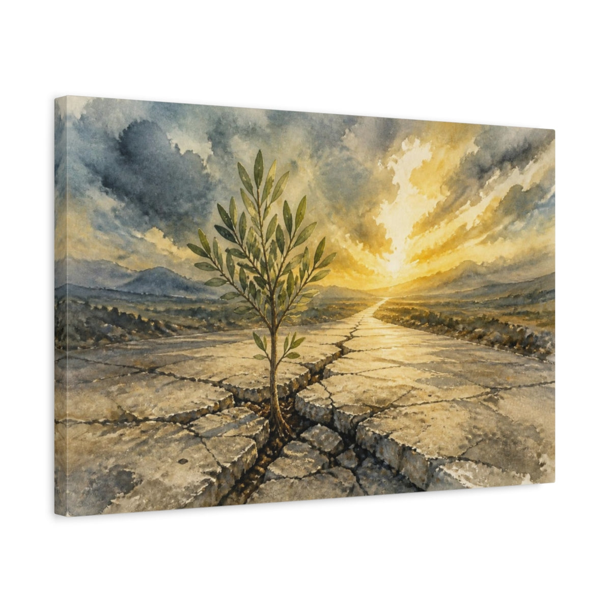 Side Mockup 3. Sapling Motivation Sunrise shown as canvas print