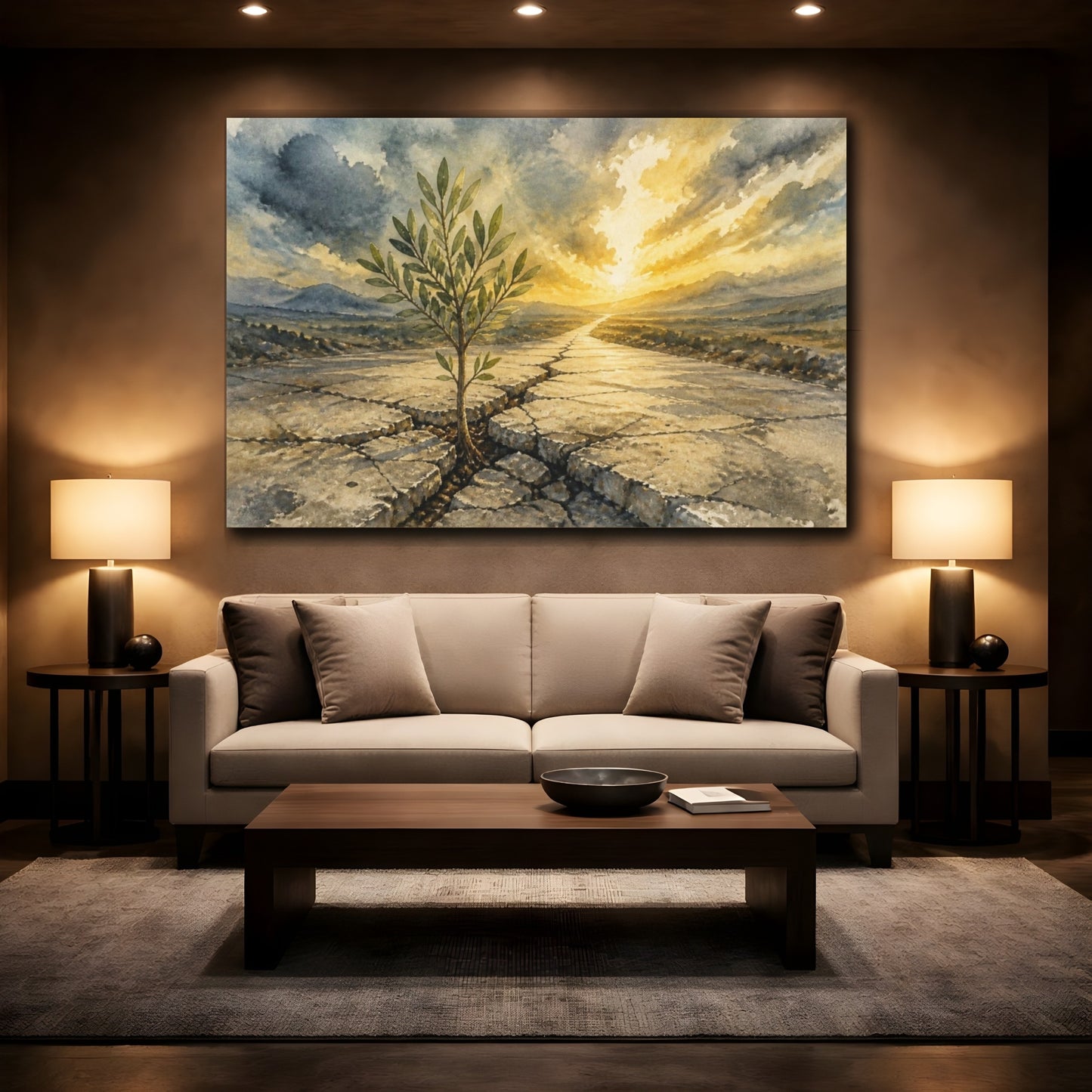 Mockup 2. Sapling Motivation Sunrise shown as canvas print